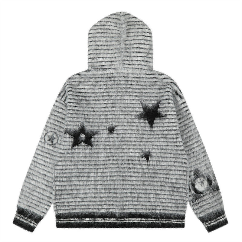 Striped Fur-Trim Zip-Up Knit Hoodie with Star & Circle Print