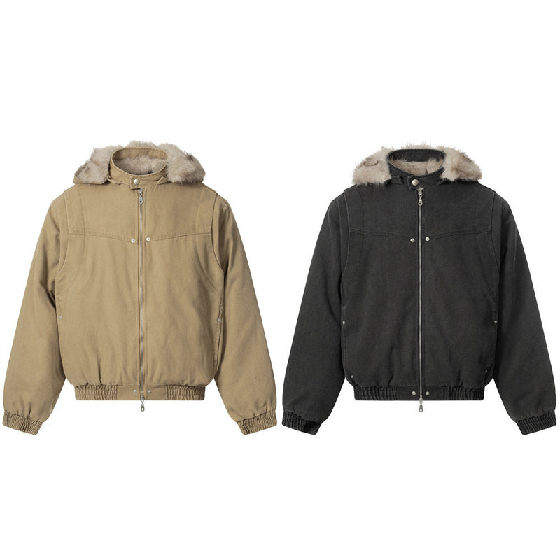 Faux Mink Fur-Trimmed Hooded Padded Jacket – Washed Canvas Bomber