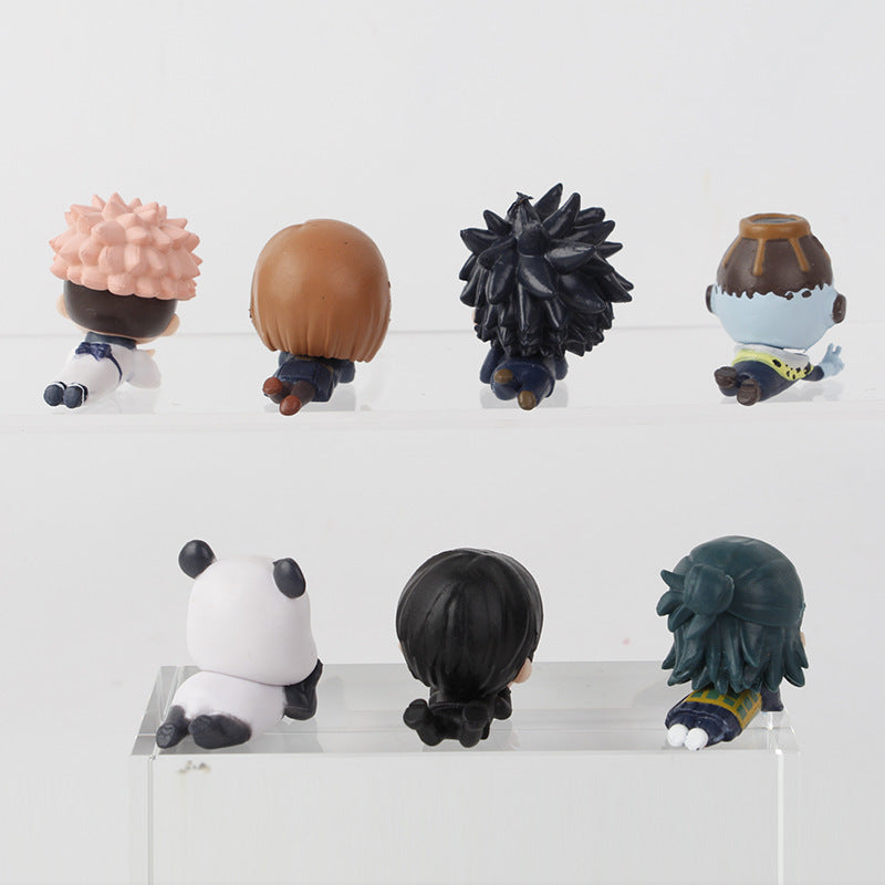 The Jujutsu Kaisen Chibi PVC 12-Piece Figure Set showcases six figures facing away, highlighting diverse hairstyles and clothing with some animal-like designs. They&