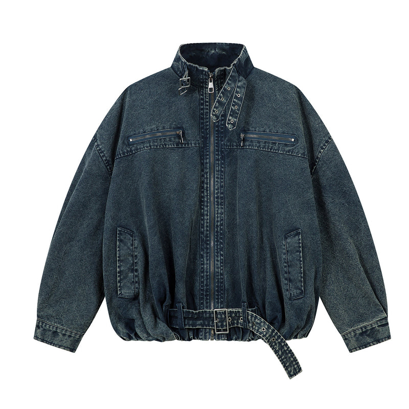 Oversized Washed Denim Jacket – Boxy Belted Hem, Acid-Wash Workwear Style