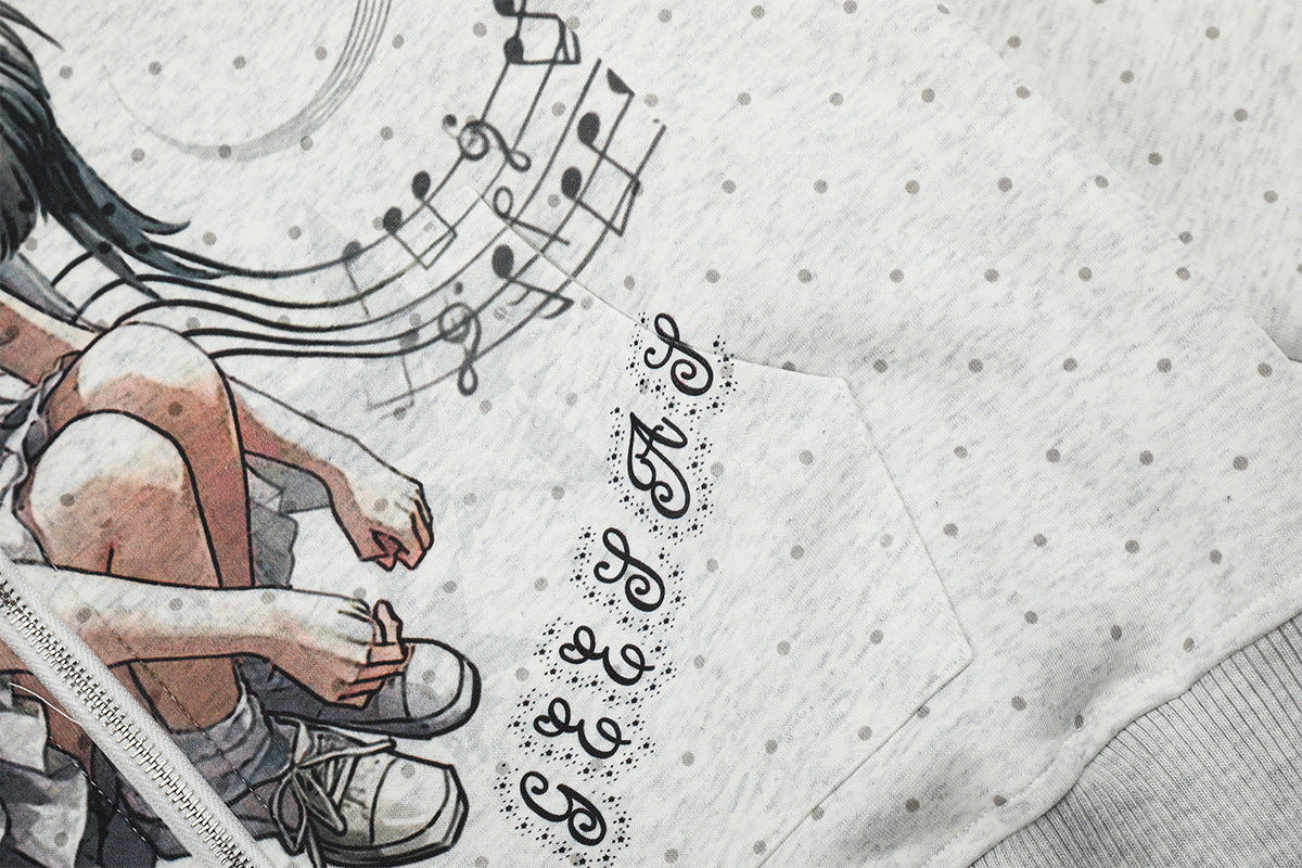 Sweat à capuche zippé avec bordure en fausse fourrure, ange anime et notes de musique