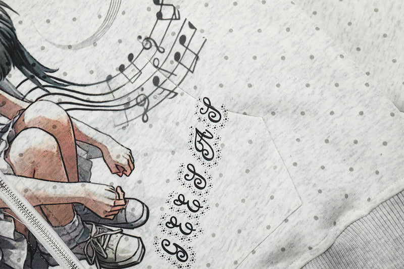 Sweat à capuche zippé avec bordure en fausse fourrure, ange anime et notes de musique