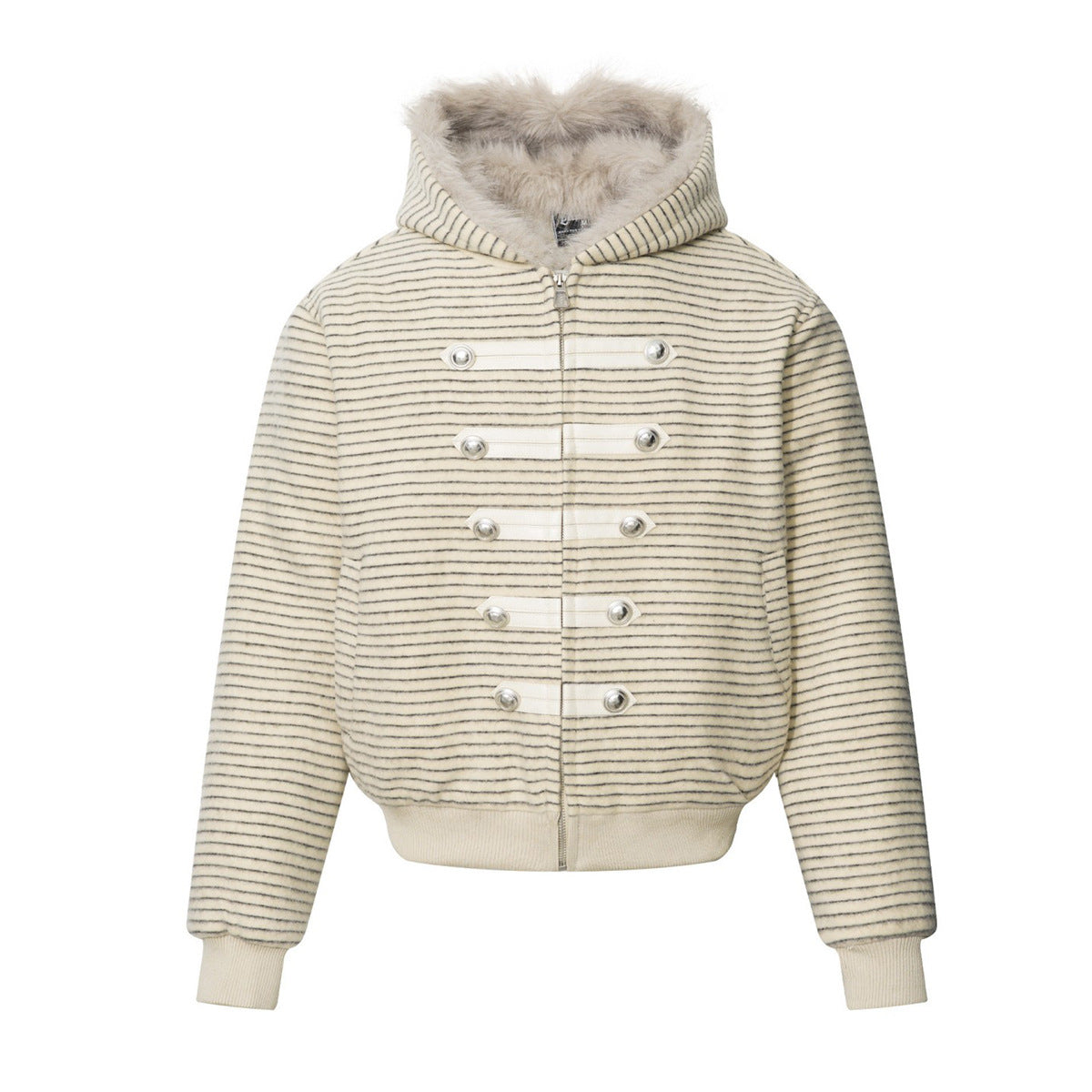 Striped faux-fur hooded zip-up bomber jacket with military double-button placket in almond colorway, front view