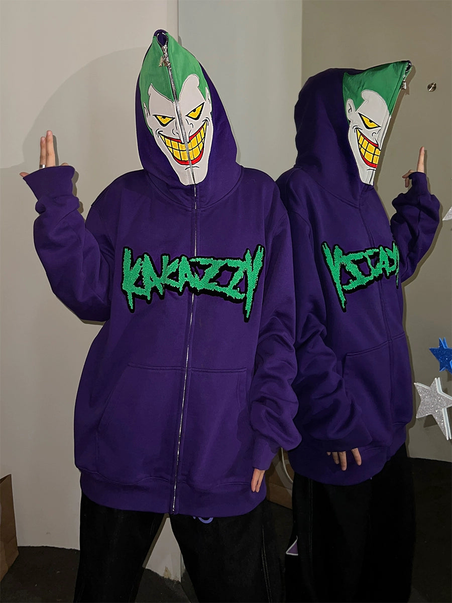 Vom Joker inspirierter Hoodie – Übergroßes, lila Superschurken-Sweatshirt mit Reißverschluss, 400 g/m²