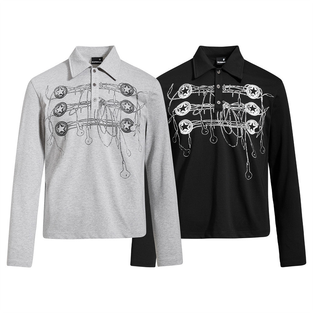 Long Sleeve Polo Shirt with Graffiti Star Print