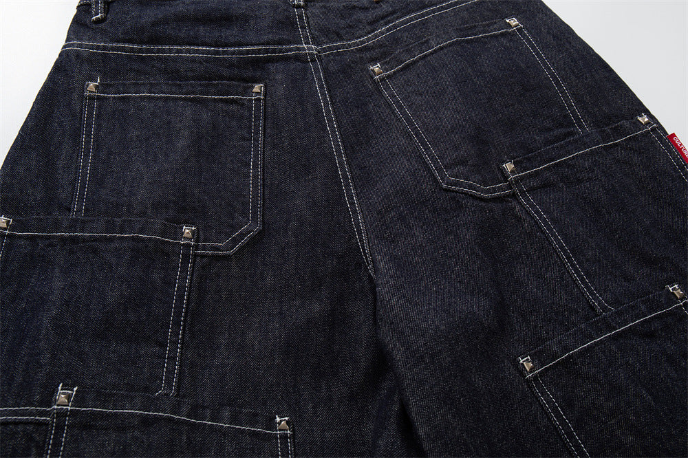 Wide-Leg Denim Cargo Shorts – Multi-Pocket Workwear Style
