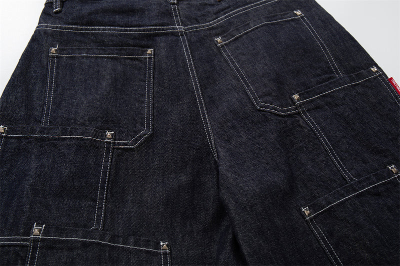 Wide-Leg Denim Cargo Shorts – Multi-Pocket Workwear Style