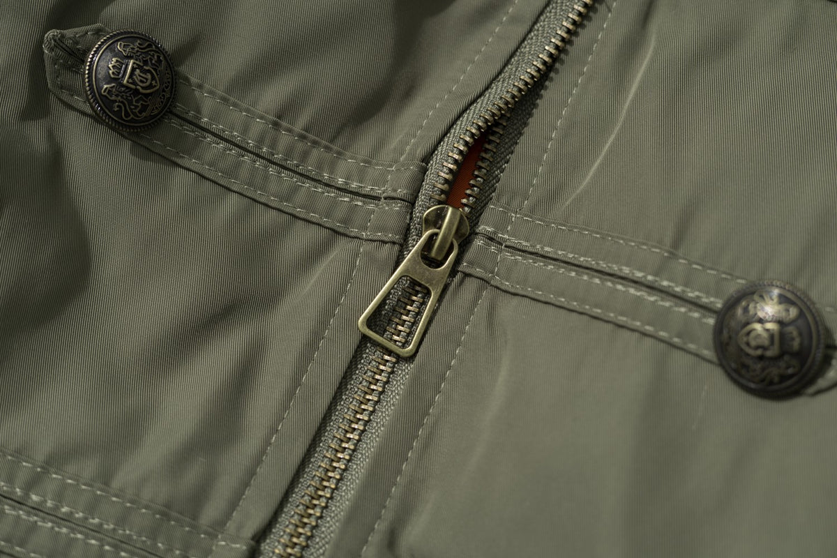 Military Bomber Jacket with Leopard Faux Fur Collar & Double-Breasted Button