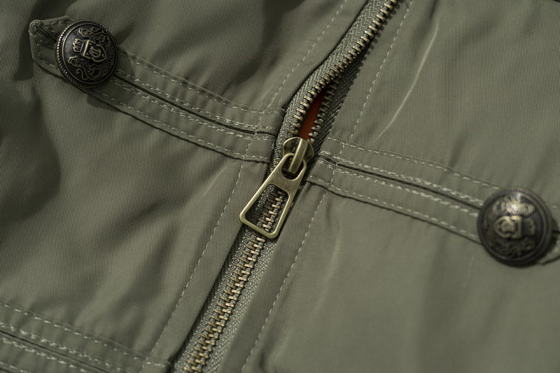 Military Bomber Jacket with Leopard Faux Fur Collar & Double-Breasted Button