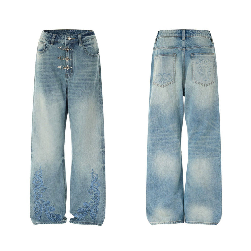 Men's Light Wash Jeans – Floral Embroidery, Metal Clasp Fly & Straight Leg