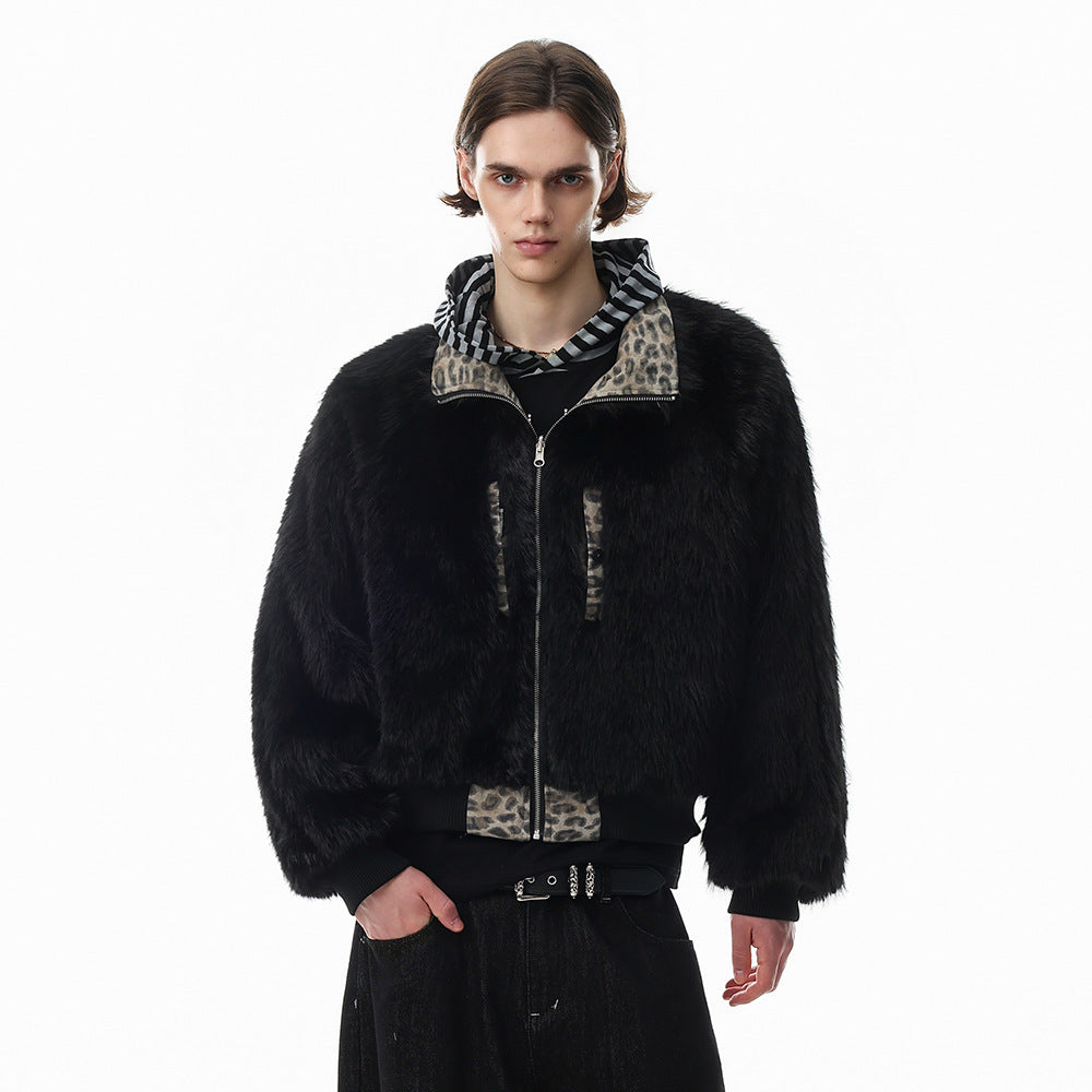 Reversible Faux Fur Leopard Print Bomber Jacket – Men's Oversized Stand Collar
