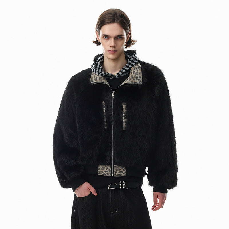 Reversible Faux Fur Leopard Print Bomber Jacket – Men's Oversized Stand Collar