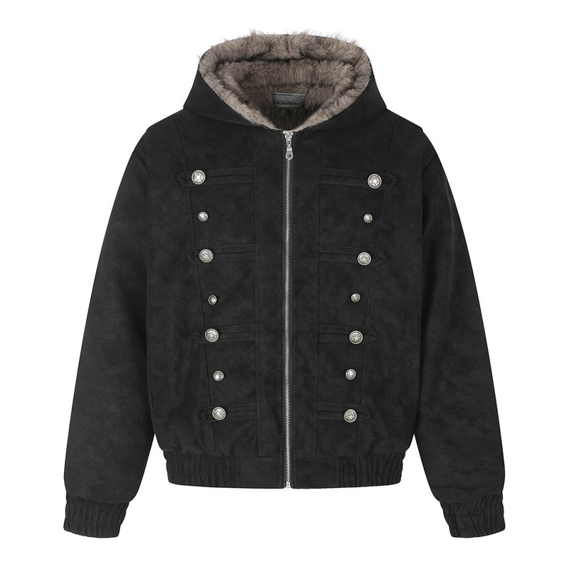Men's Faux Fur-Lined Hooded Bomber Jacket – Double-Breasted PU Suede Winter Coat