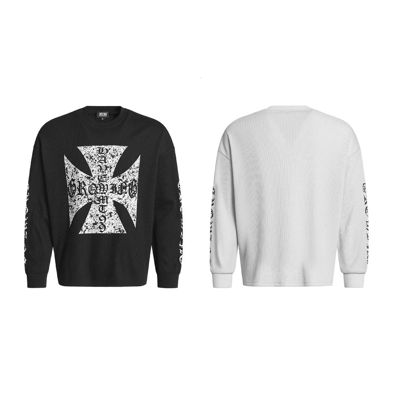 Langarmshirt aus Waffelstrick mit Eisenkreuz-Print – American Street-Rock-Style