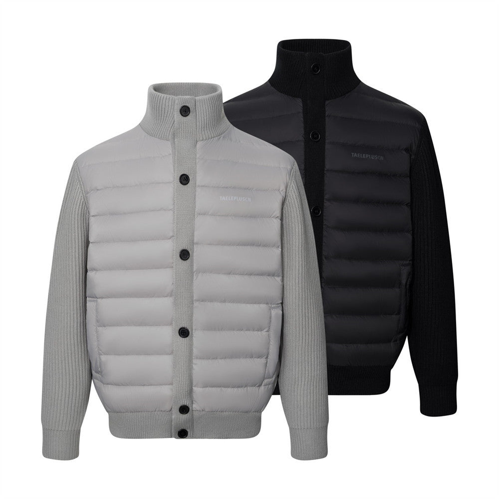 Men's Quilted Puffer Jacket with Ribbed Knit Sleeves & High Neck