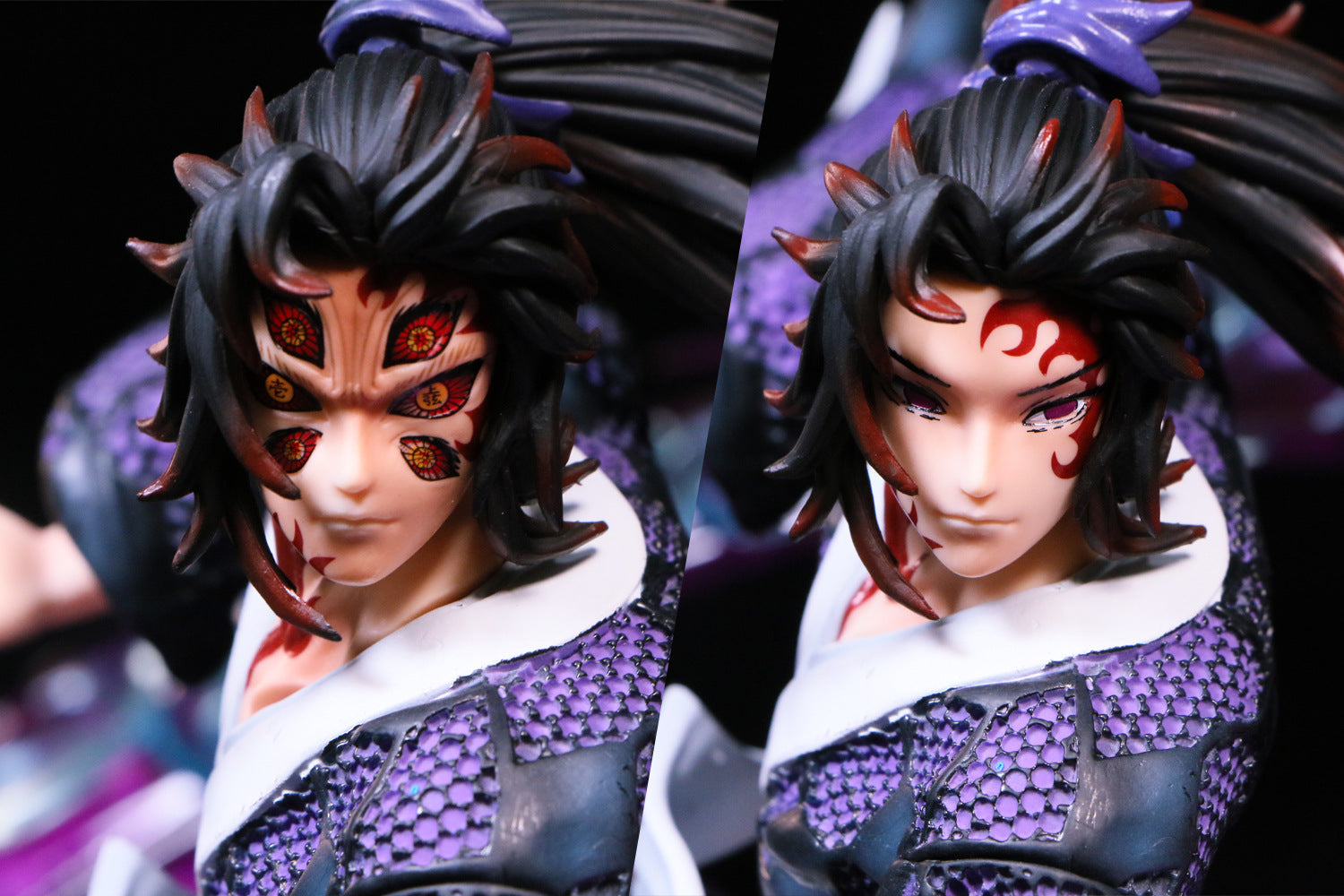 The Kokushibo Demon Slayer Figure is a 30cm PVC statue featuring the character with long black hair, purple attire, eye-like face patterns, and red eye marks. With glowing effects set against a dark background, it&