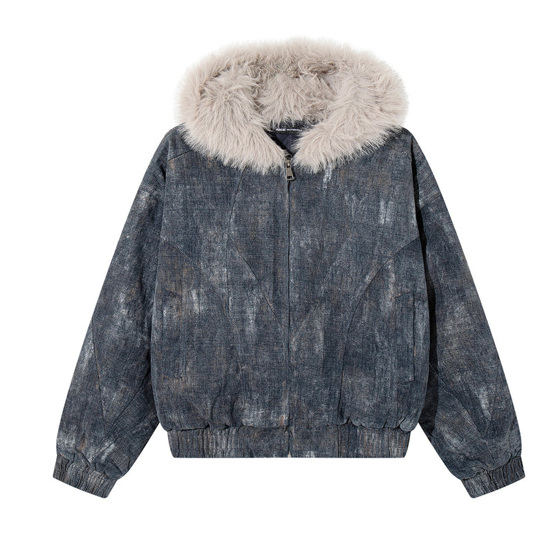 Washed Denim Bomber Jacket with Faux Fur Hood – Vintage American Style