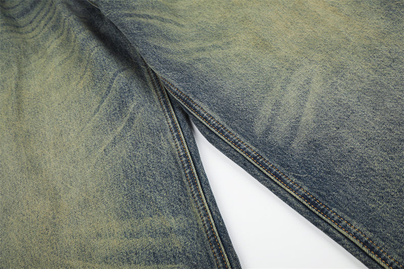 Wide-Leg Jeans Men's American Vintage Washed Distressed Denim Pants