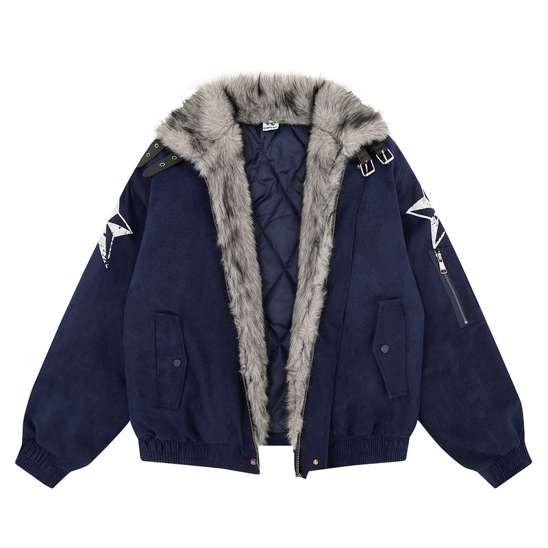 Retro American Bomber Jacket with Faux Fur Collar & Star Patches