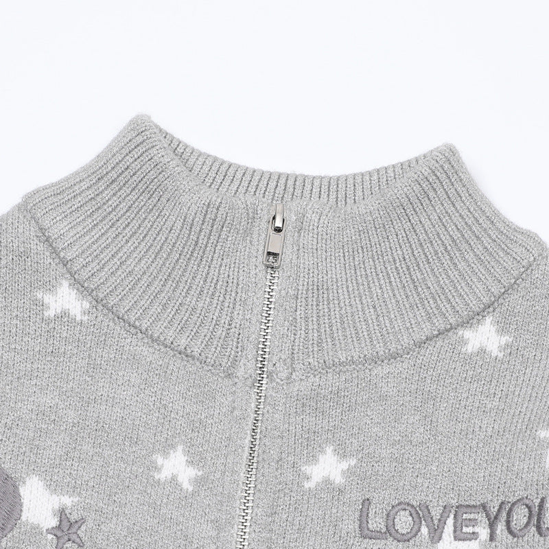 Star Print Zip-Up Knit Cardigan with Ruffle Hem & Cat Paw Embroidery