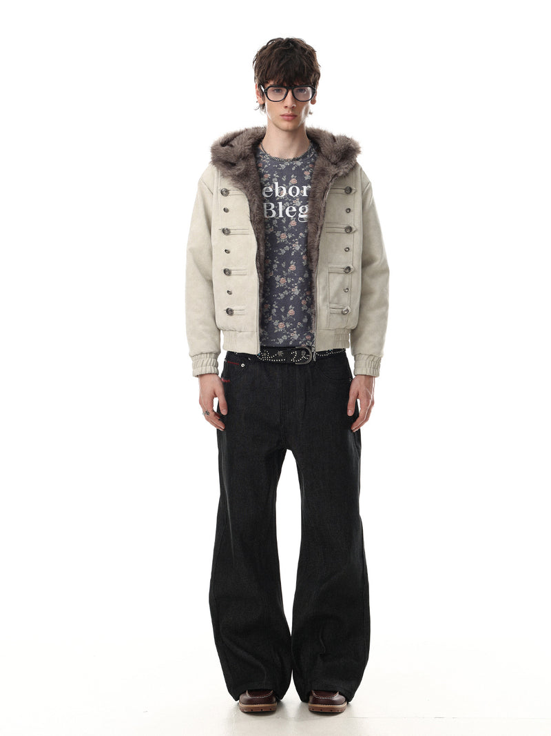 Military Button Bomber Jacket with Faux Fur Hood