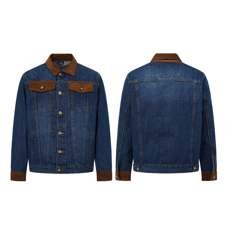 Veste en jean homme délavée avec col et poignets en velours côtelé