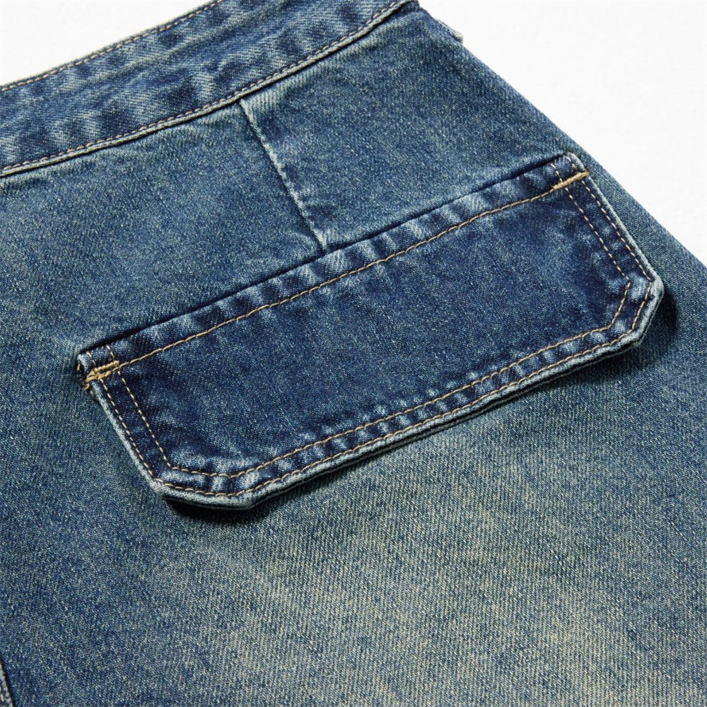 Baggy Wide-Leg Cargo Jeans – Men's Multi-Pocket Distressed Denim