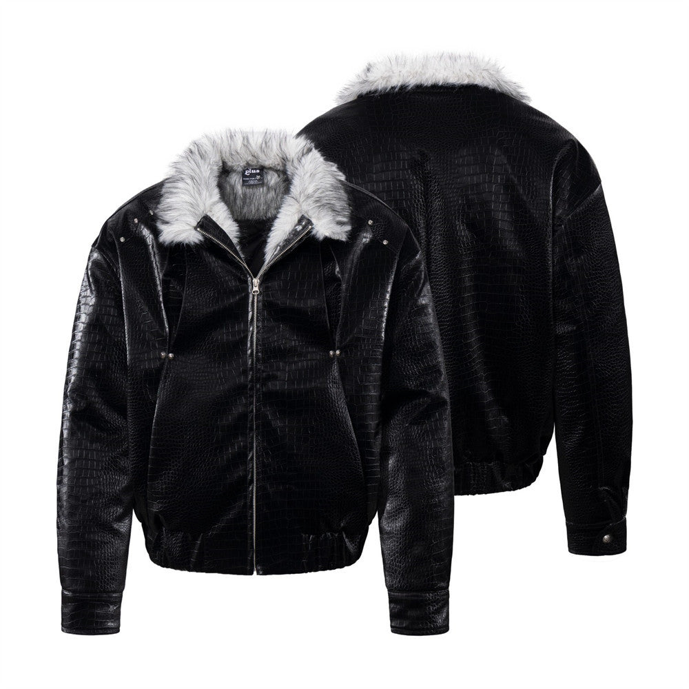Chaqueta bomber de hombre con cuello de pelo – Cuero PU negro grabado efecto cocodrilo