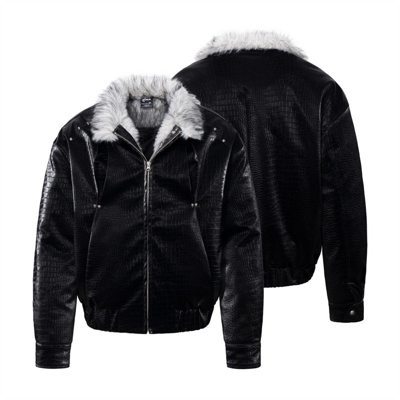 Chaqueta bomber de hombre con cuello de pelo – Cuero PU negro grabado efecto cocodrilo