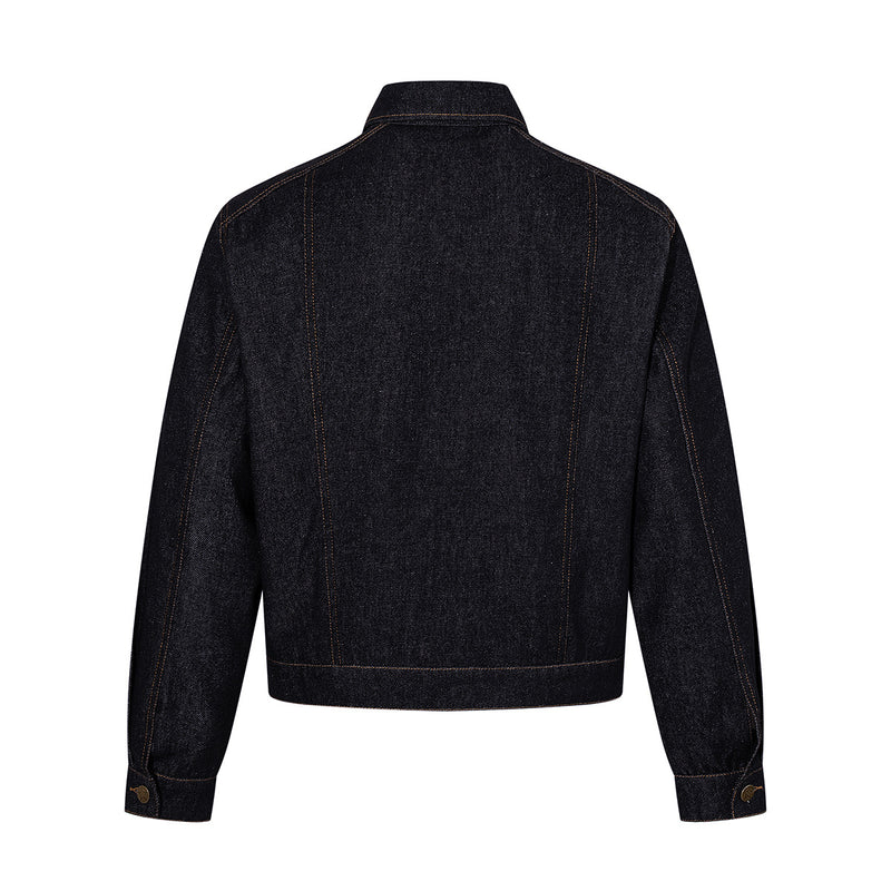 Dark Denim Boxy Jacket with Leopard Print Inset Panels