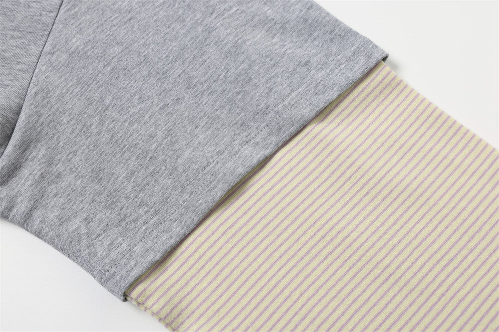 Layered-Look Graphic Long Sleeve Tee with Striped Contrast Sleeves