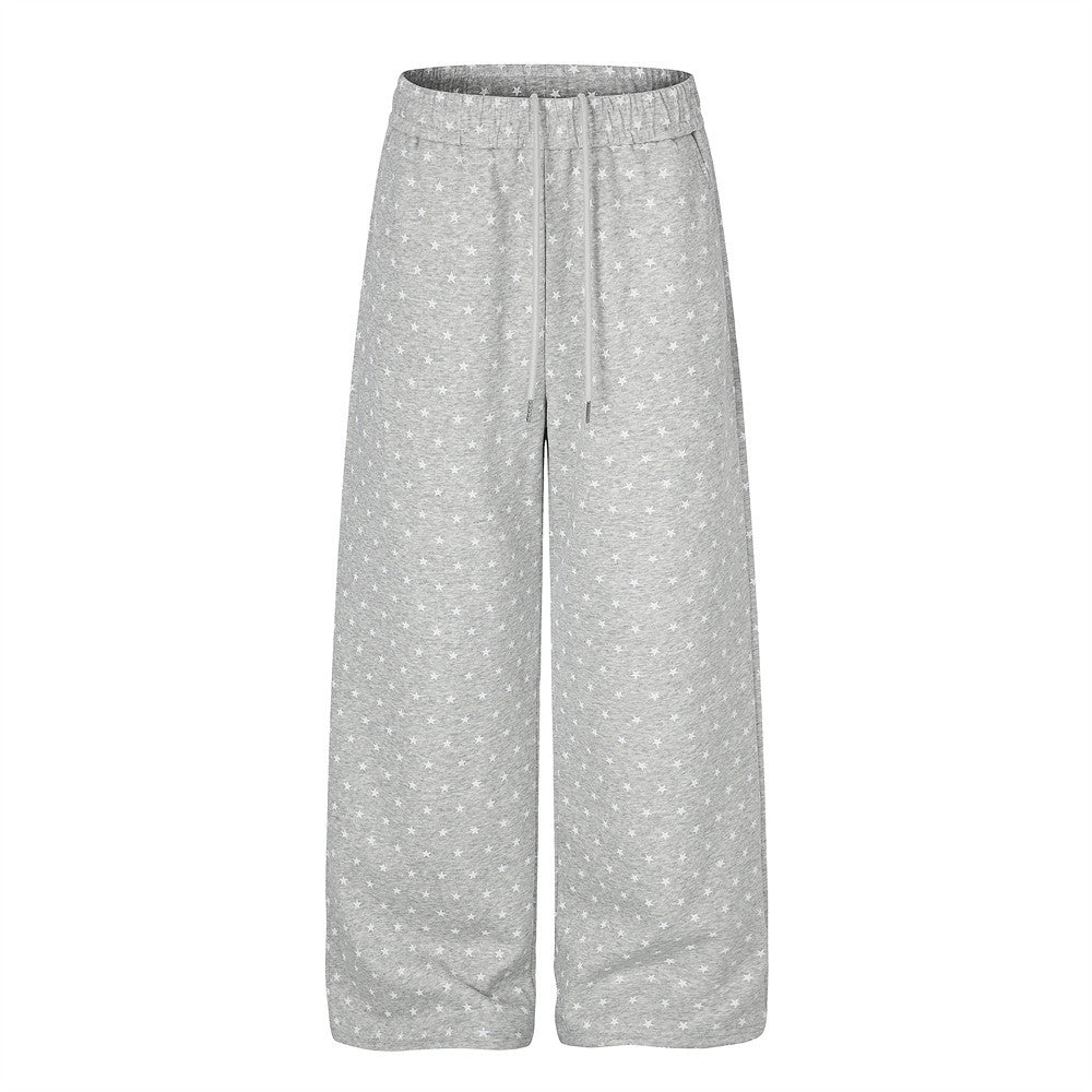 Pantalon de survêtement homme à jambes larges, imprimé intégral étoiles gris chiné et noir, coupe droite décontractée et cordon de serrage