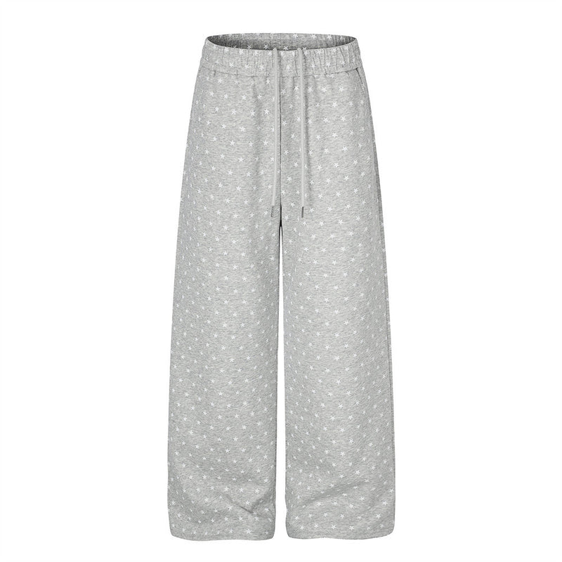 Pantalon de survêtement homme à jambes larges, imprimé intégral étoiles gris chiné et noir, coupe droite décontractée et cordon de serrage