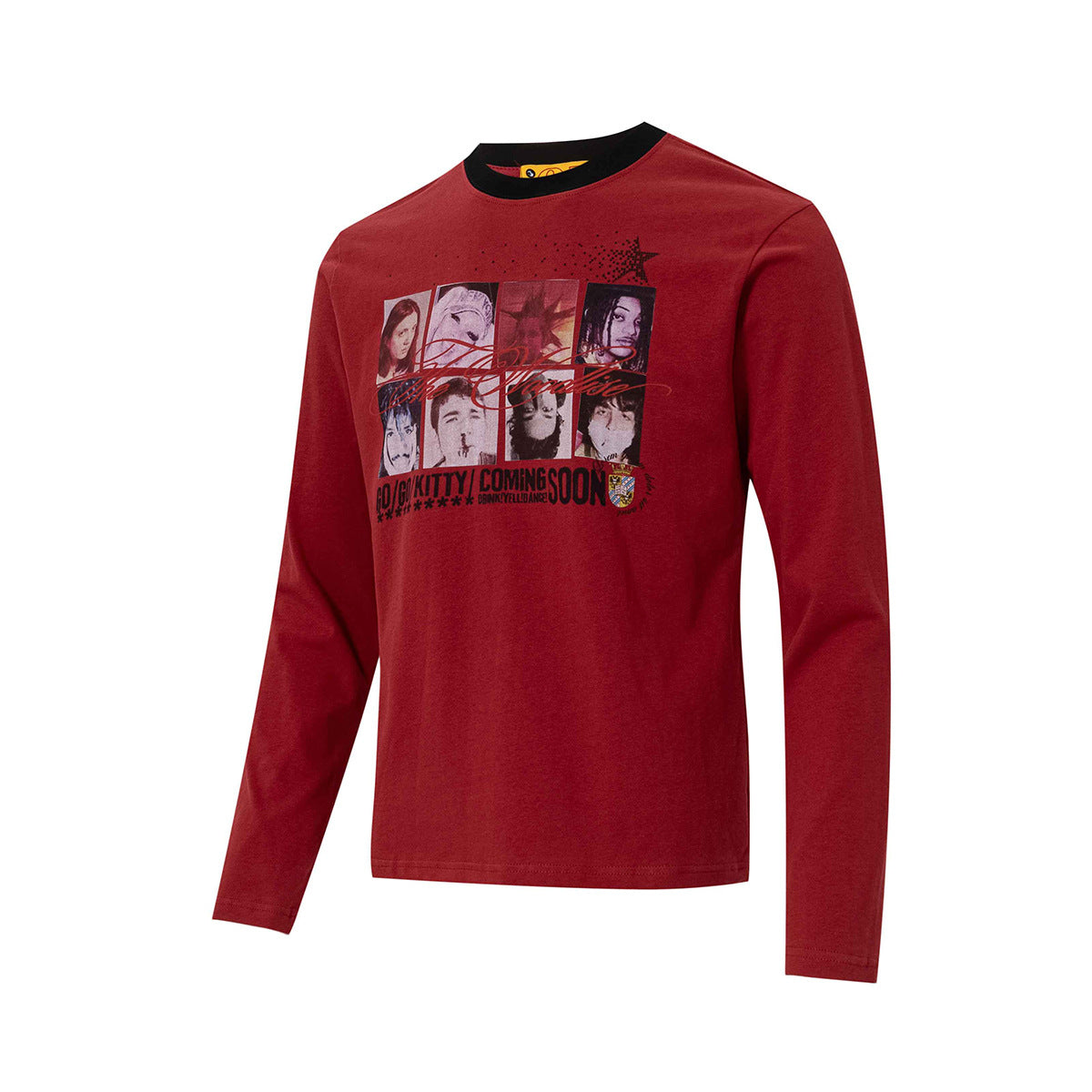T-shirt graphique à manches longues et col rond – Motif portrait punk, coupe ajustée