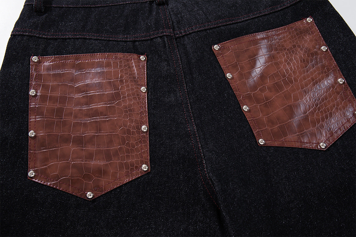 Baggy Wide-Leg Jeans with Croc-Leather Patchwork & Studded Detail — Black Denim