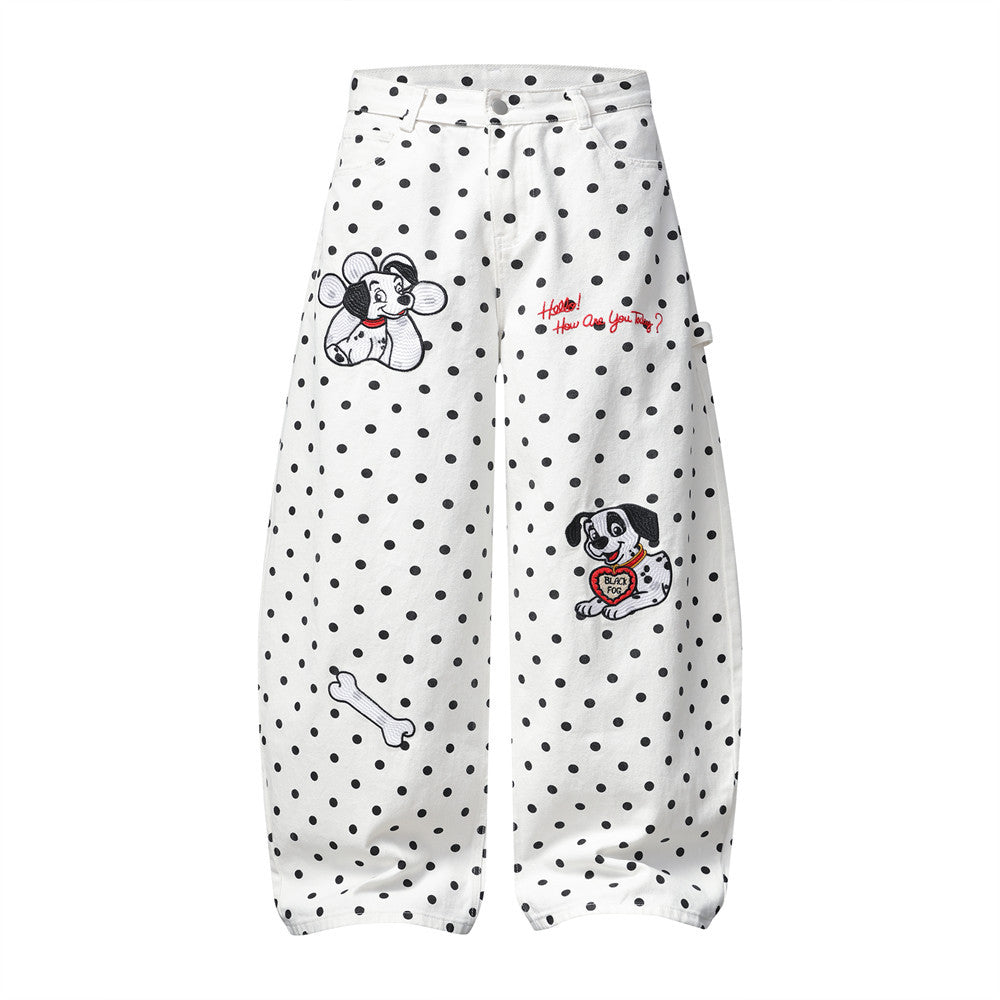 Pantalon baggy wide-leg à pois avec broderies cartoon dalmatien