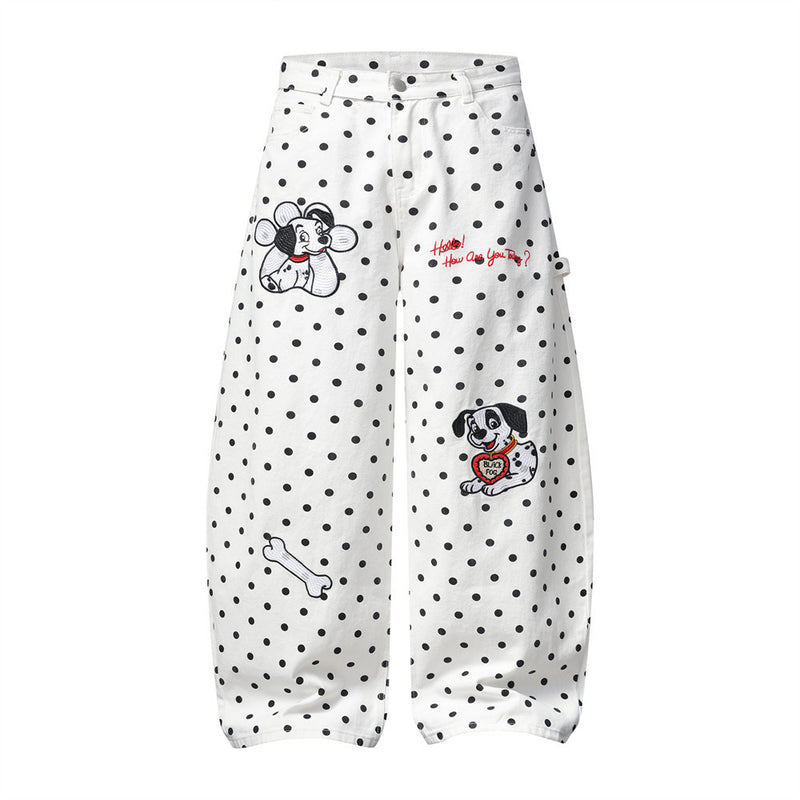 Pantalon baggy wide-leg à pois avec broderies cartoon dalmatien