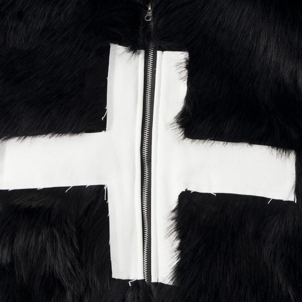 Black Faux Fur Hooded Bomber Jacket with White Cross Patch