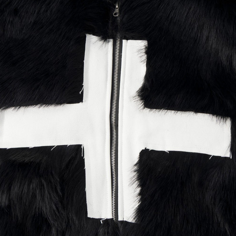Black Faux Fur Hooded Bomber Jacket with White Cross Patch