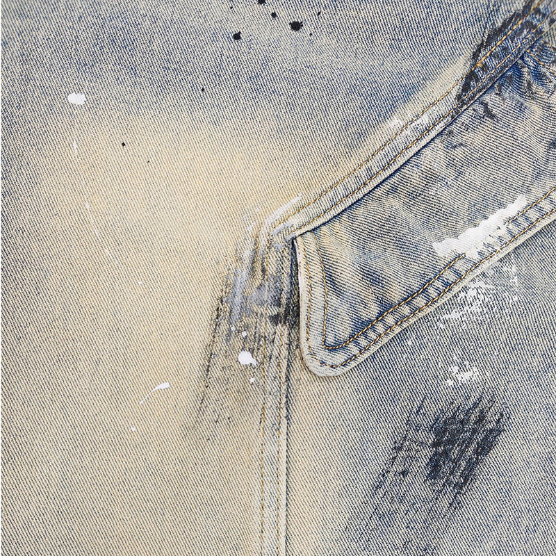 Hand-Painted Splatter Distressed Cargo Denim Shorts