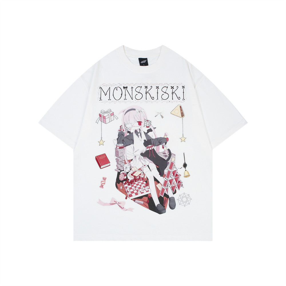 Oversized Anime-T-Shirt mit Rundhalsausschnitt von Monskiski, Schachmädchen-Illustration sowie Motiv in Weiß und verwaschenem Schwarz
