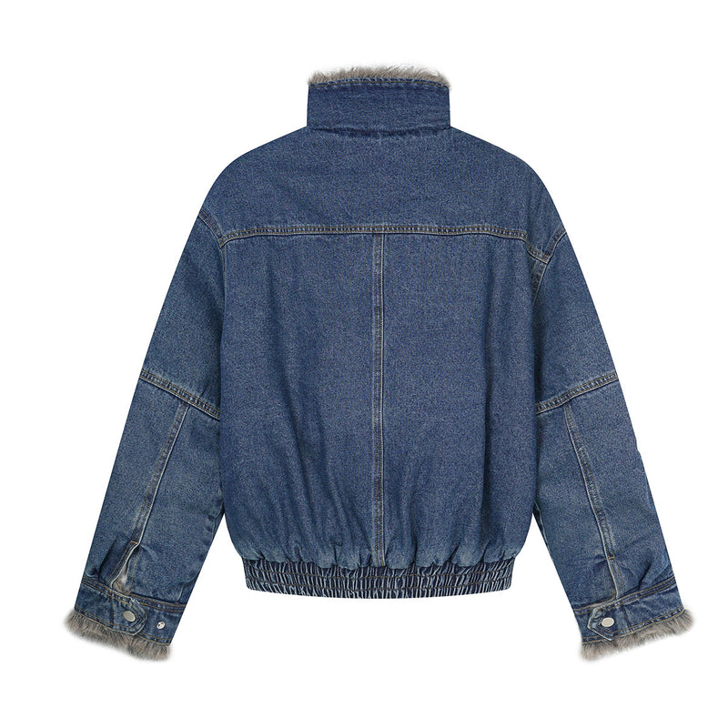 Fur-Lined Denim Jacket – Men's Winter Bomber with Faux Fur Collar & Quilted