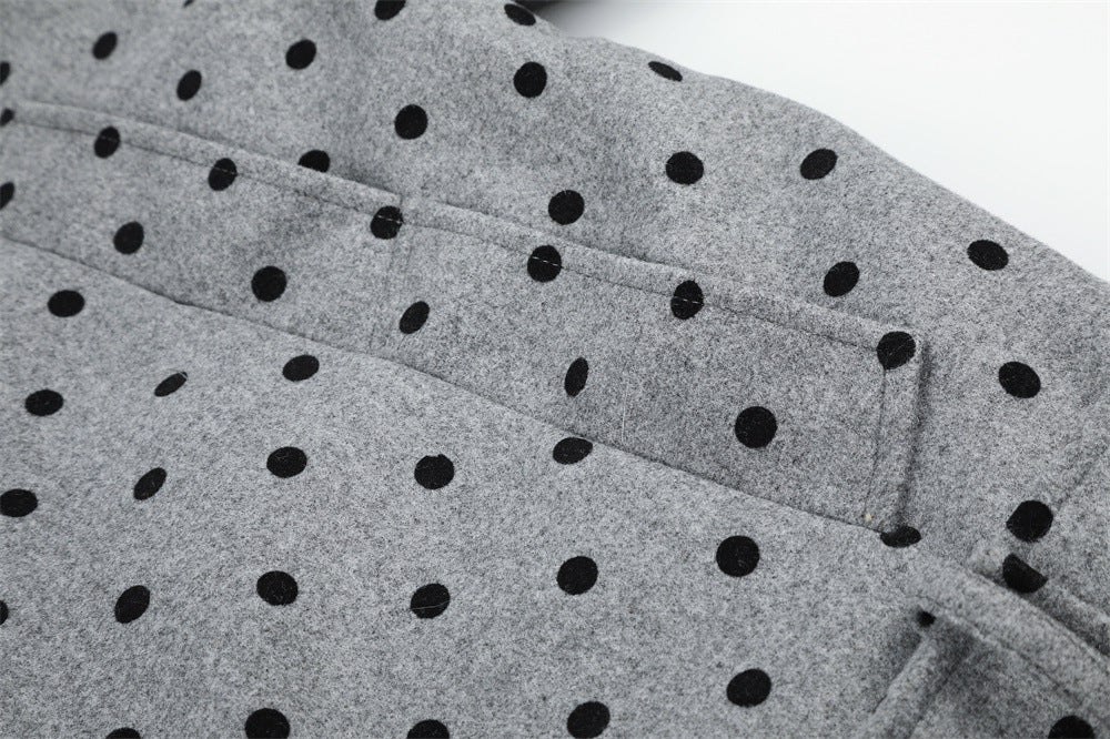 Polka Dot Wool-Blend Jacket Men – Fur Collar, Padded, Stand Collar with Belt