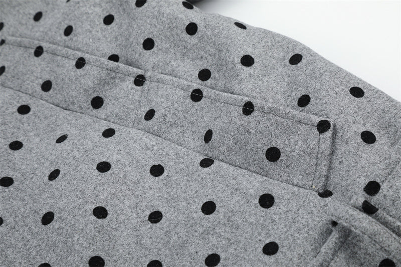 Polka Dot Wool-Blend Jacket Men – Fur Collar, Padded, Stand Collar with Belt
