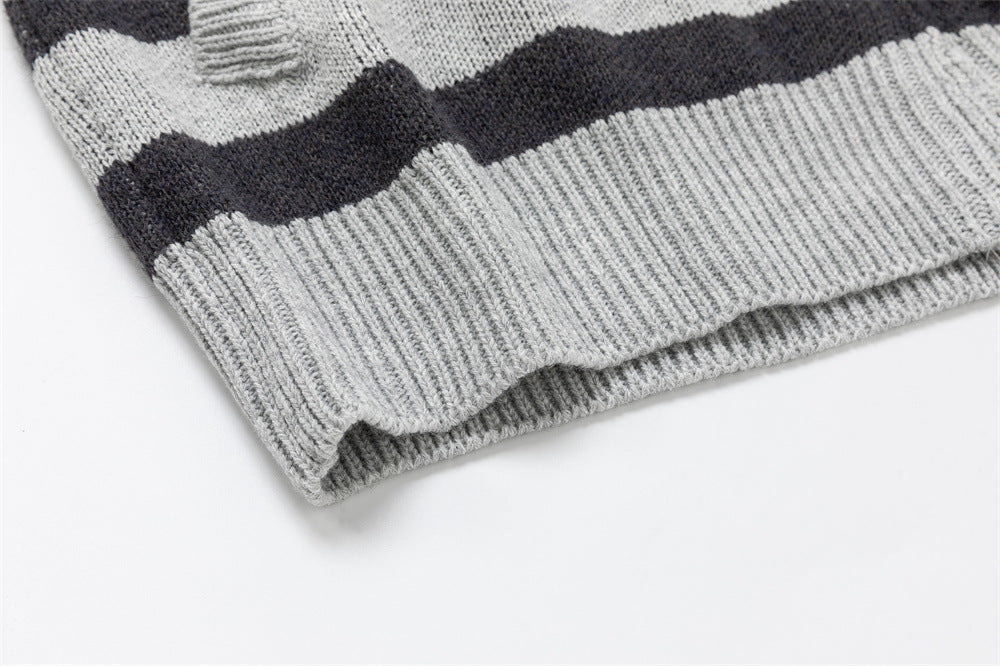 Striped Knit Zip-Up Hoodie – Men's Oversized Color-Block Cardigan Sweater