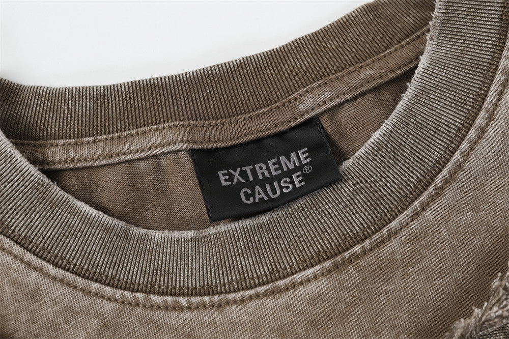 Men's Oversized Washed Cotton Tee with Frayed Cross Patchwork Design