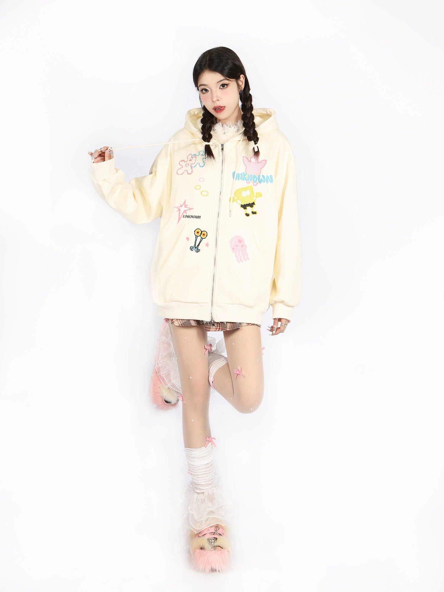 Kawaii Pastel Cartoon Hoodie – Cute Full-Zip Hoodie with Playful Embroidered Designs