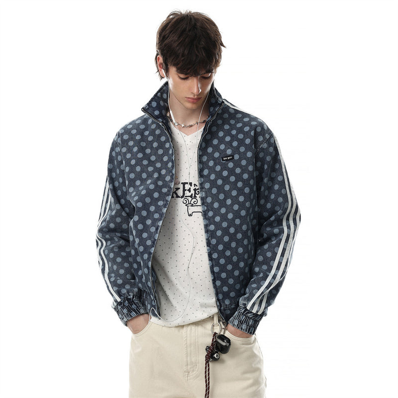 Men's Polka Dot Denim Track Jacket – Stand Collar Full-Zip Retro Streetwear