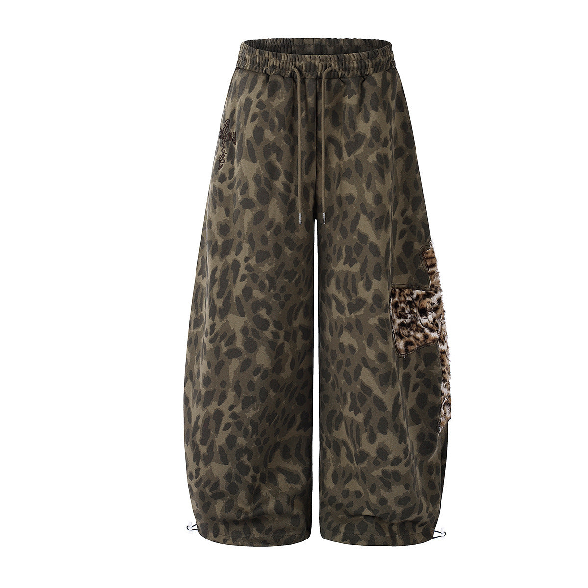 Wide-leg leopard print sweatpants with faux fur cargo pocket and elastic drawstring waist, shown front and back