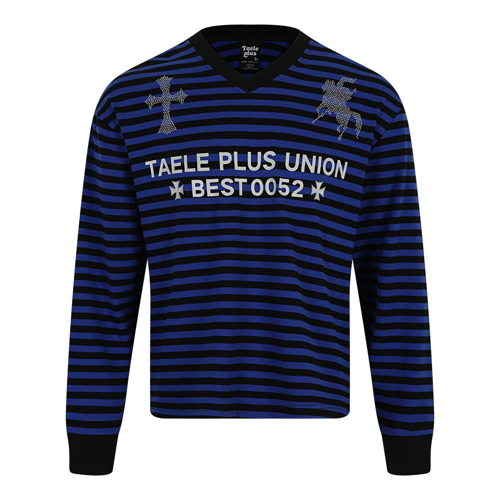 Men's Striped Long-Sleeve Shirt with Rhinestone Cross & Pegasus Graphic Print